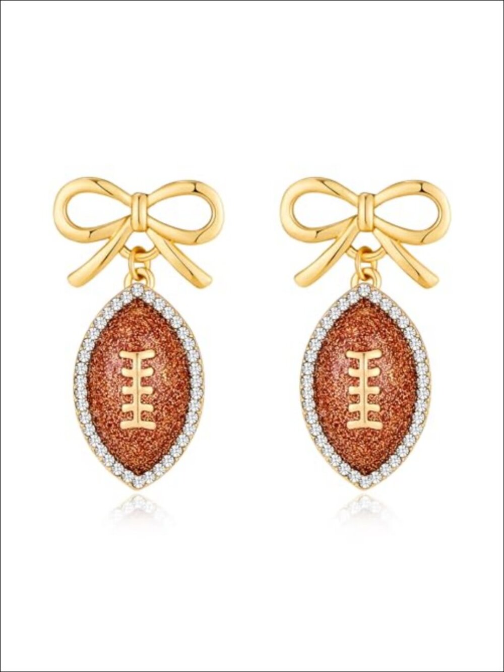 Gold Plated Football Bow Tie Dangle Earrings Rhinestone Sporty Statement